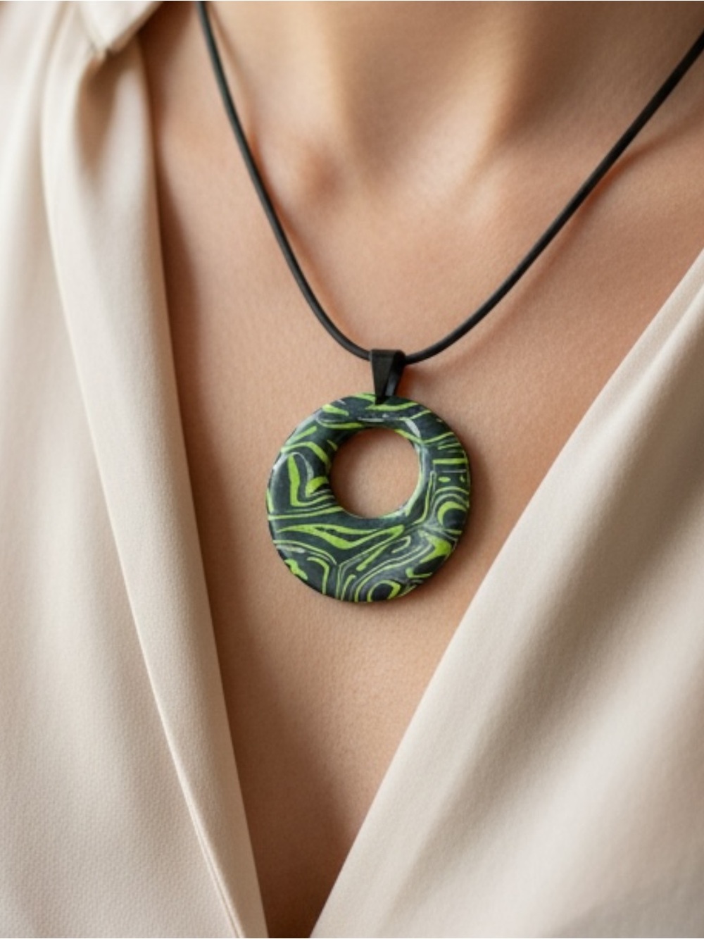 Green & Black Marbled Handmade Polymer Clay Large Pendant Necklace SS Clasp